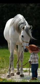 Child in cowboy hat meeting a white horse.