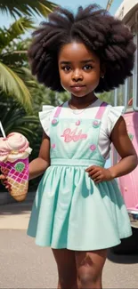 Cute child holding ice cream by colorful truck.