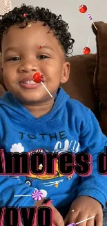 Child smiling with lollipops and colorful background.