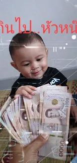 Adorable child holding banknotes, smiling with joy.