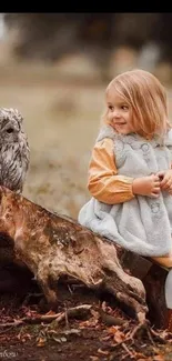 Child with owl on a log in a forest setting, perfect for nature-themed wallpaper.