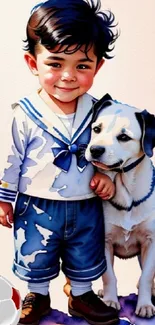 Cute child with puppy and soccer ball artwork.