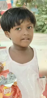 Cute child holding a snack outdoors with a warm background.