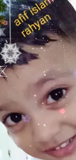 Child's face with a starry, festive overlay design.