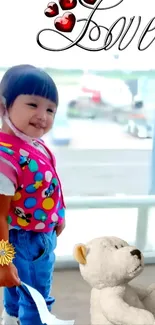 Smiling child in colorful vest at airport with teddy bear.