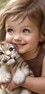 Smiling child holding a tiger cub with a soft and warm background.