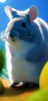 Cute chinchilla in vibrant nature setting, with a bright blue sky background.