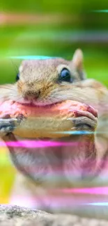 Adorable chipmunk with a peanut in vibrant green setting.