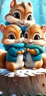 Adorable cartoon chipmunks in winter setting.