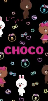 Cute Choco wallpaper with hearts and stars on a black background.