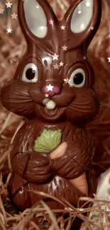 Cute chocolate bunny in hay with carrot on mobile wallpaper.