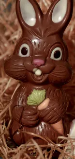 Adorable chocolate bunny with carrot and straw background.