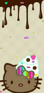 Cute cartoon cat with chocolate drip and colorful confetti mobile wallpaper.