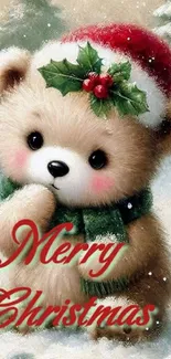 Cute Christmas bear wearing Santa hat with holiday greeting.