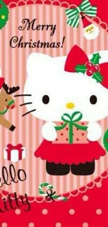 Cute Christmas cat wallpaper with gifts on red background.