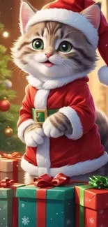 Festive cat in Santa suit with gifts.