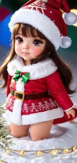 Cute Christmas doll in red attire with holiday lights and snow.