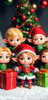 Cute elves with gifts by Christmas tree, festive mobile wallpaper.