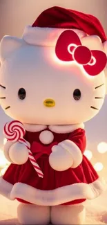 Cute cartoon kitty in Santa outfit with candy cane.