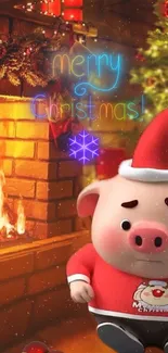 Cute pig in Santa outfit with Christmas tree and fireplace.