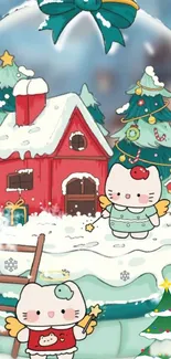 Cute cartoon winter scene with cats in snow globe.