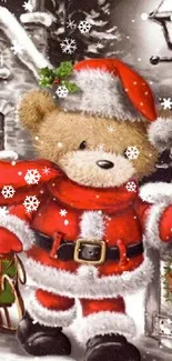 Festive teddy bear in Santa outfit with snowy background.