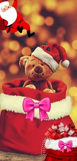 Teddy bear in Santa bag Christmas wallpaper.