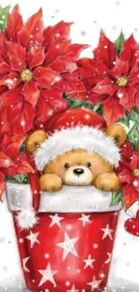 Teddy bear in red festive pot with poinsettia flowers.