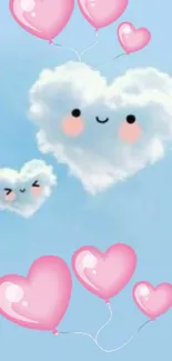 Cute heart-shaped cloud with pink balloon hearts on blue background.