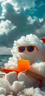 Cartoon cloud relaxing on a beach with sunglasses and a drink.