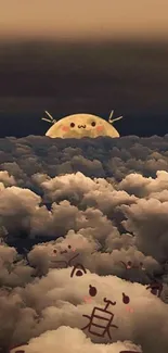 Kawaii sun and clouds cartoon wallpaper with a playful and whimsical design.