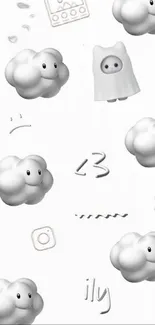 Cute white cloud wallpaper with playful characters.