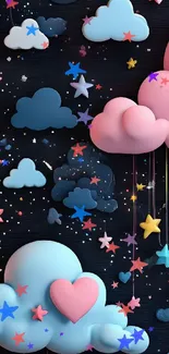 Colorful clouds and stars on a dark background.