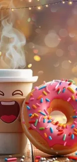 Cute coffee cup and donut with sprinkles in art style.