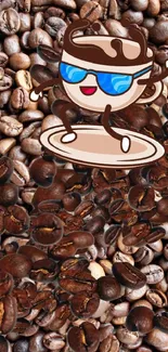 Cute animated coffee bean wallpaper with a cartoon coffee cup.