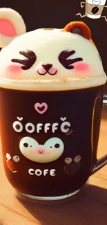 Cute coffee bear on brown cup in mobile wallpaper.