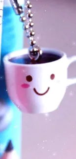 Cute coffee cup keychain with smiley face.