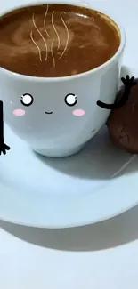 Adorable animated coffee cup with biscuit on a plate.