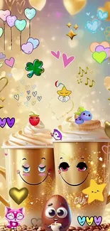 Cute coffee cups with smiling faces and heart doodles mobile wallpaper.