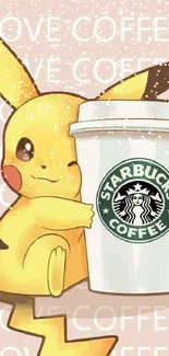 Cute cartoon character hugging a coffee cup.