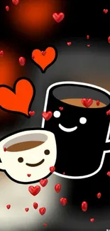 Cute cartoon coffee mugs with hearts on a black background.