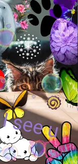 Playful animal collage wallpaper with cat, dolphin, and butterflies.