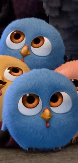 Adorable blue, yellow, and pink fluffy birds.