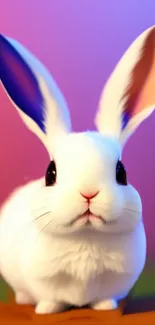 Adorable white bunny with colorful ears on a pink background.