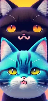 Two cartoon cats with vibrant colorful background.