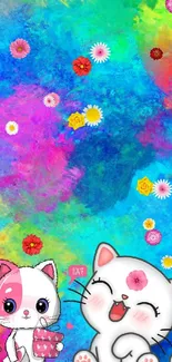 Cute cartoon cats on vibrant colorful background.