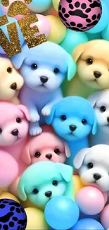 Adorable puppies in colorful pastel hues with whimsical design.