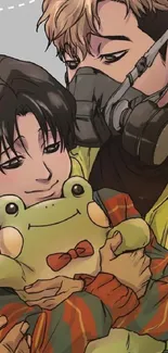 Two comic characters hold a plush frog in a warm and colorful embrace.