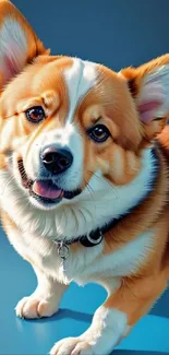 Cute corgi dog on a blue background, smiling and playful.