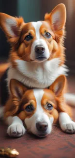 Adorable corgi duo lying together in a cozy indoor setting.